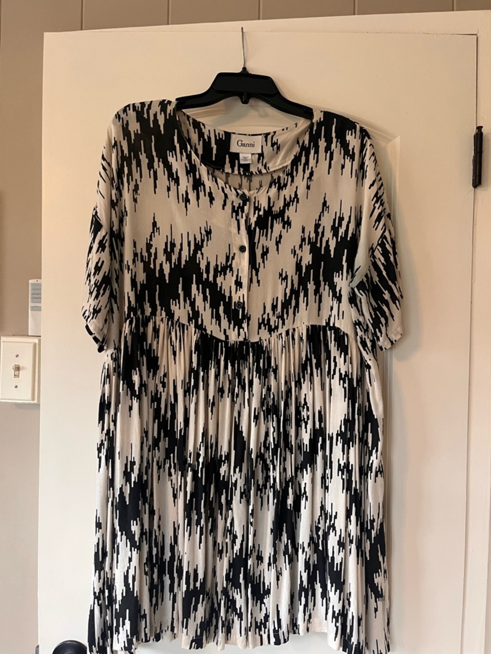 Ganni Black and White Midi Button-Front Dress